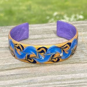 Artisan hand painted cuff bracelet blue gold purple